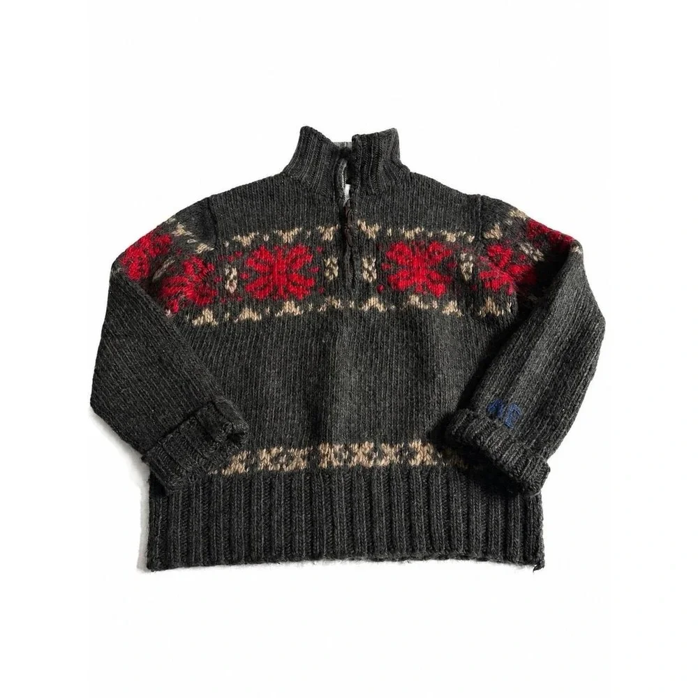 American Eagle Gray Chunky Wool Sweater, Fair Isle Quarter Zip Sweater,